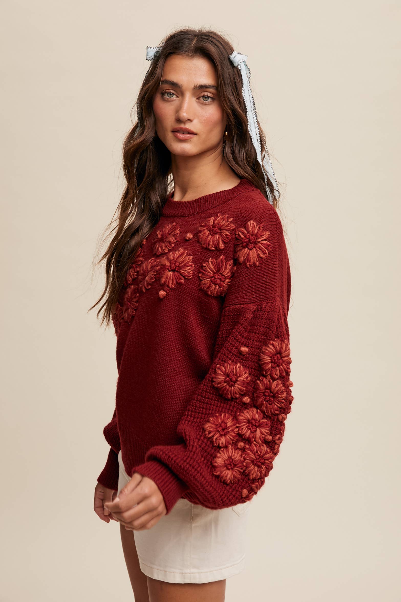 3D Floral Textured Knit Sweater in Crimson