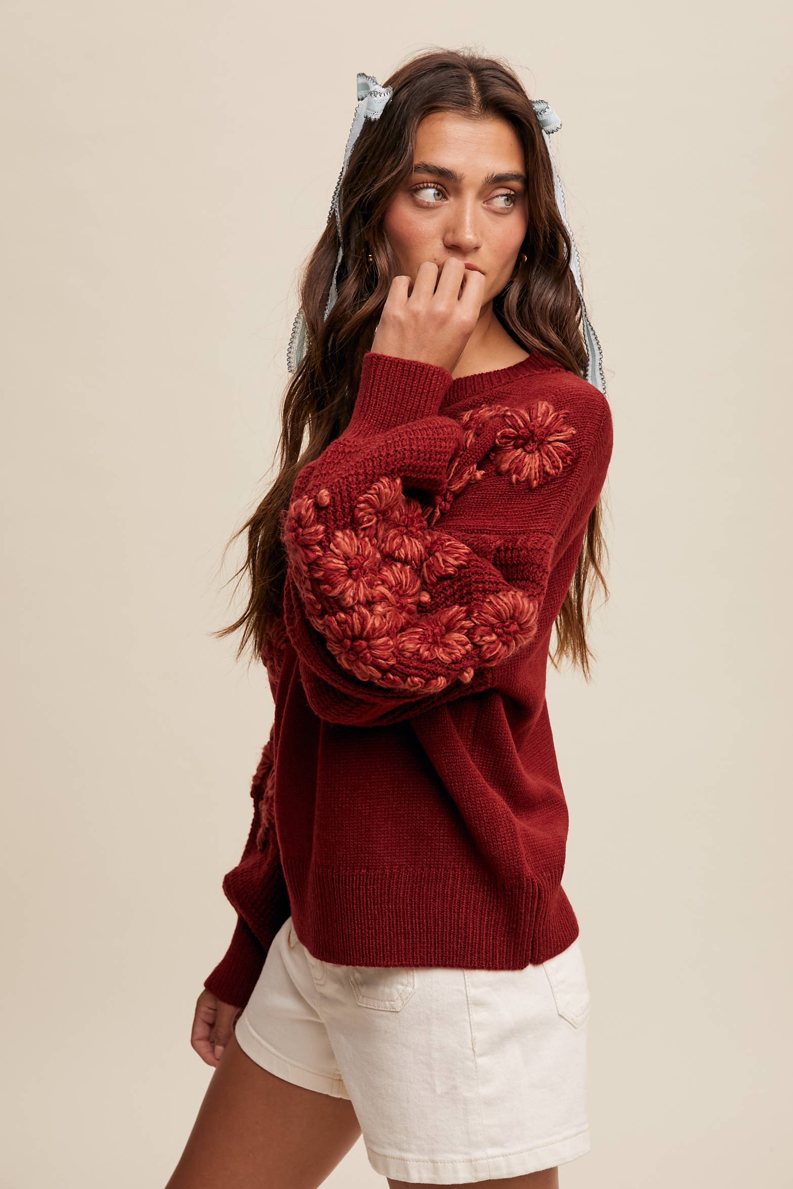 3D Floral Textured Knit Sweater in Crimson