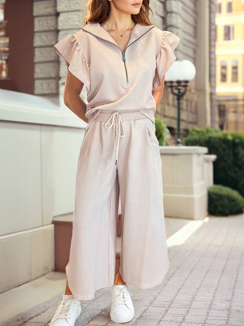 Textured Ruffled Top and Pants set in Apricot