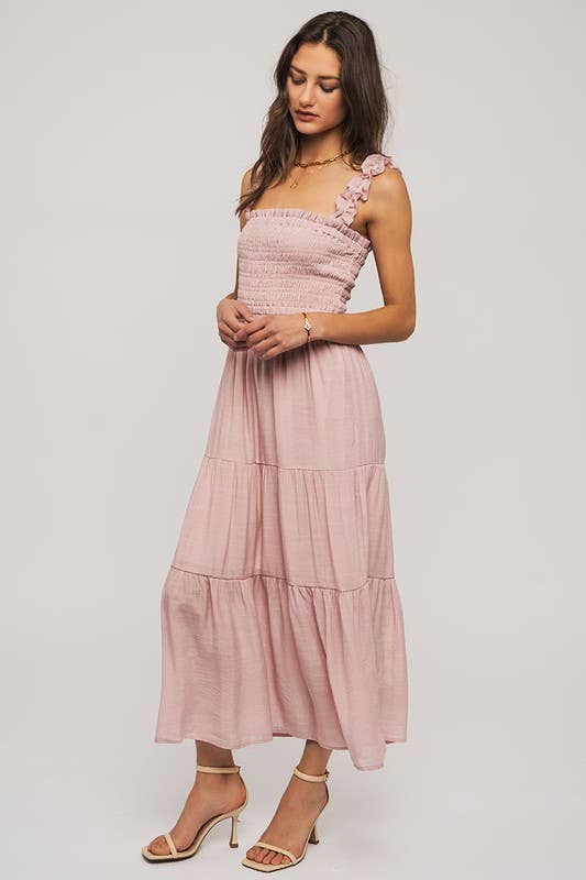 Romantic Smocked Bodice Tiered Ruffle Strap Midi Sundress