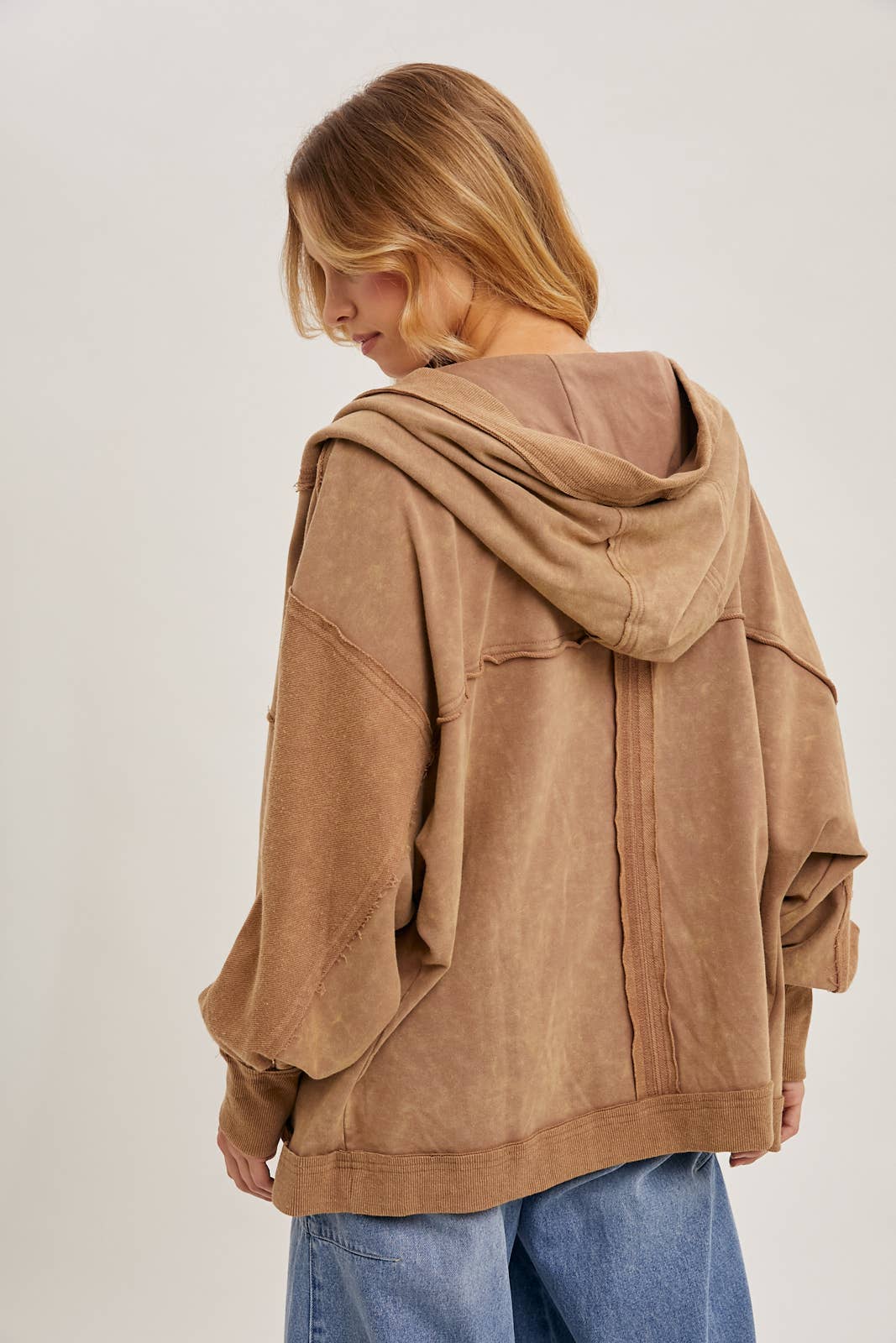 WASHED OPEN FRONT EXAGGERATED HOODIE CARDIGAN