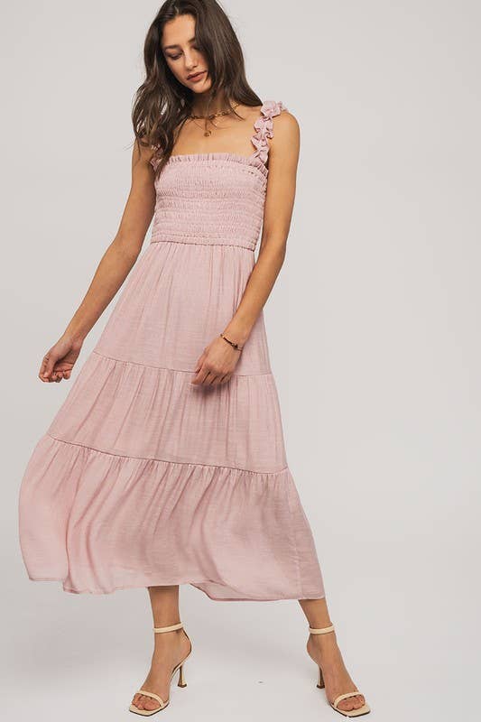 Romantic Smocked Bodice Tiered Ruffle Strap Midi Sundress