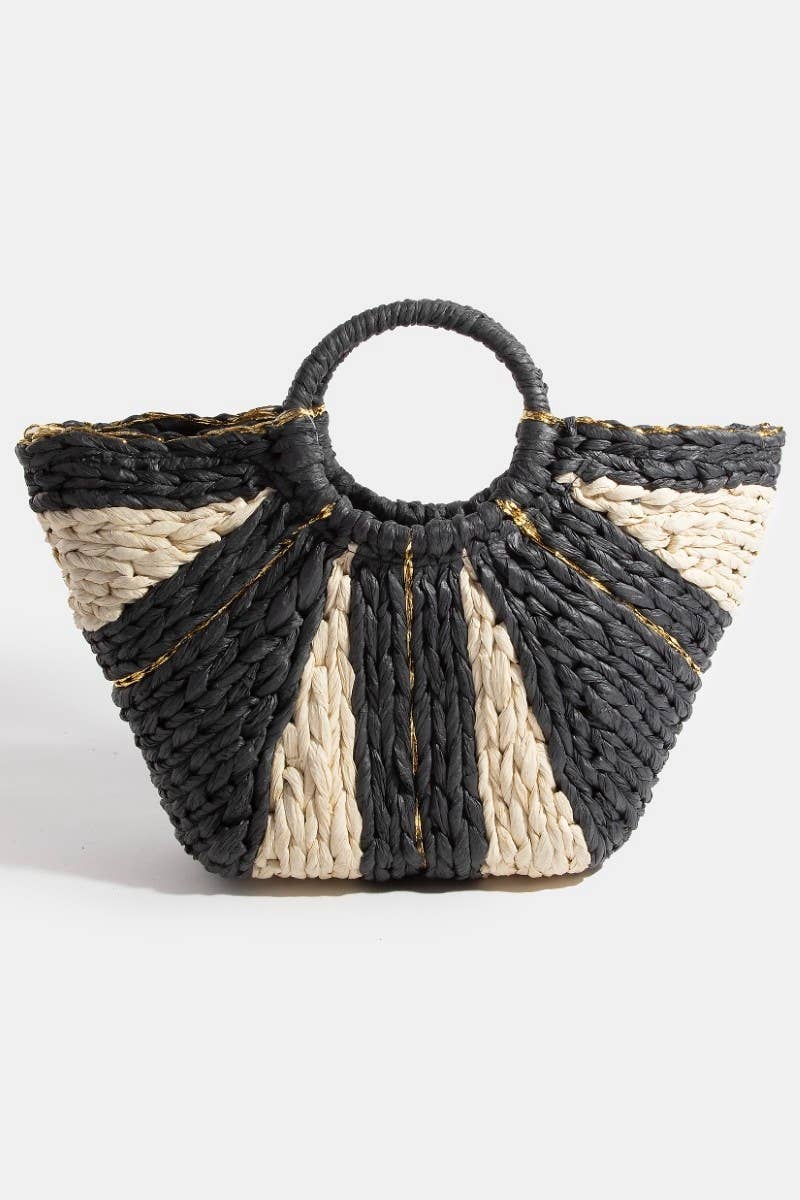 Two Tone Braided Straw Round Hand Bag