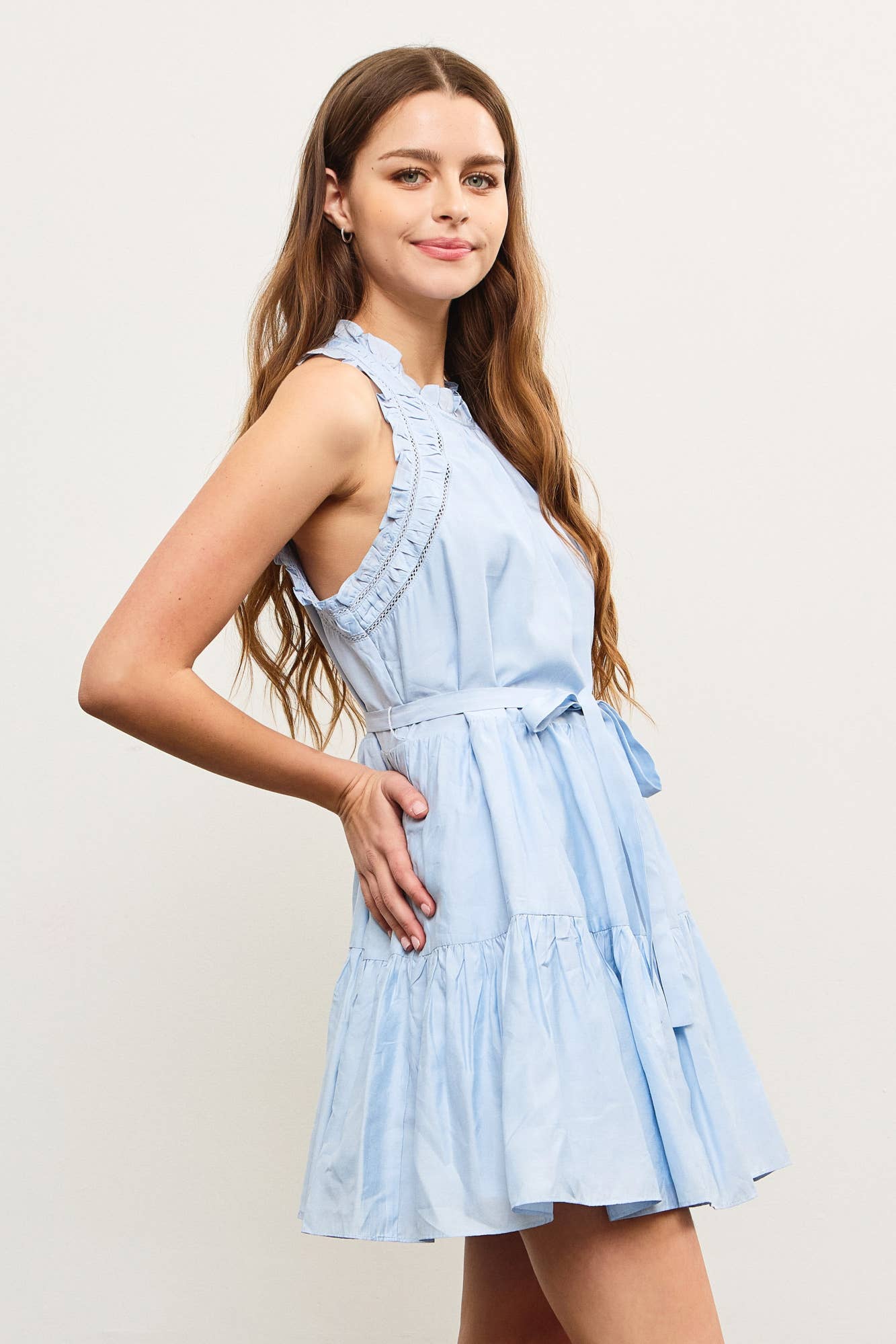 Ruffle Edge Shirred Sleeveless Dress