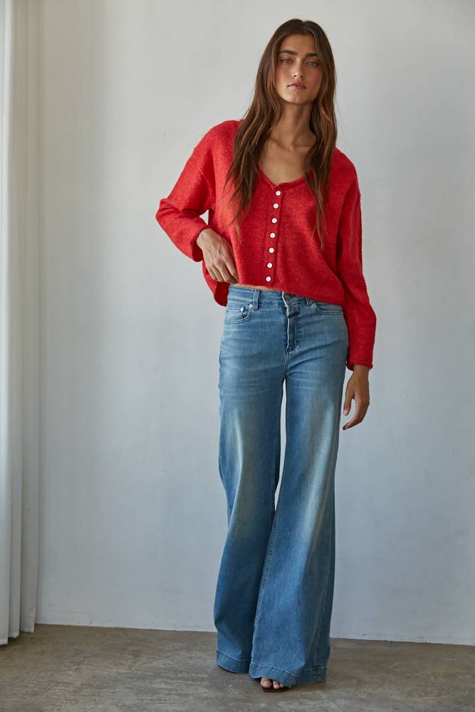 Knit Sweater Rolled V-Neck Long Sleeve Cardigan Top