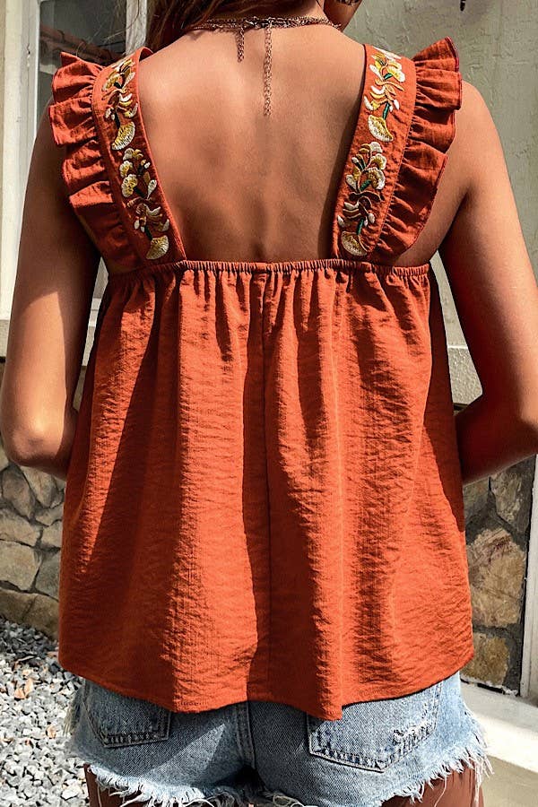 Embroidered Ruffle Sleeve Tank in Rust