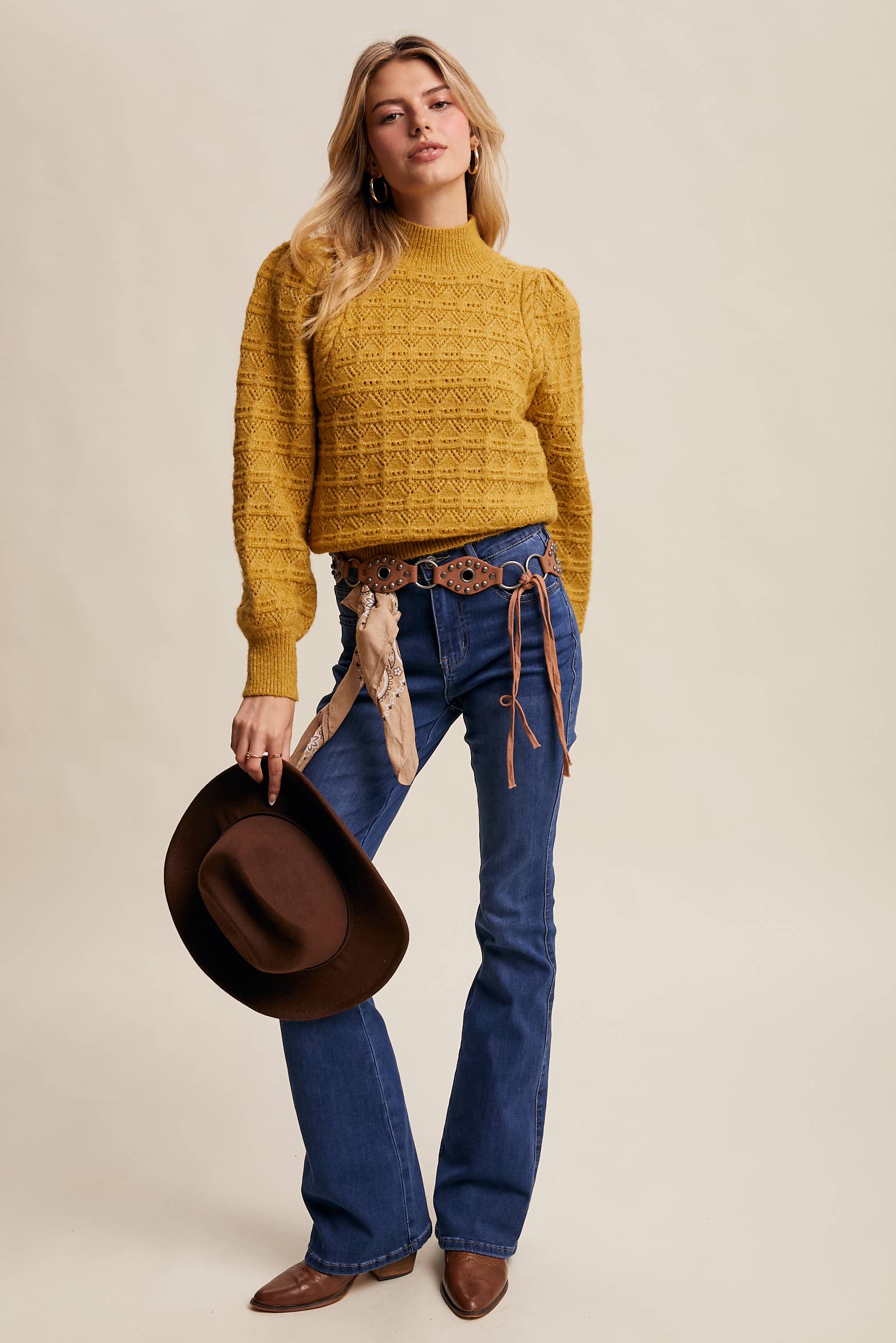 Pointelle Puff Sleeve Sweater in Lemon Grass