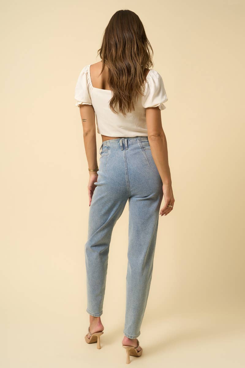 High Rise Pleated Tapered Jeans