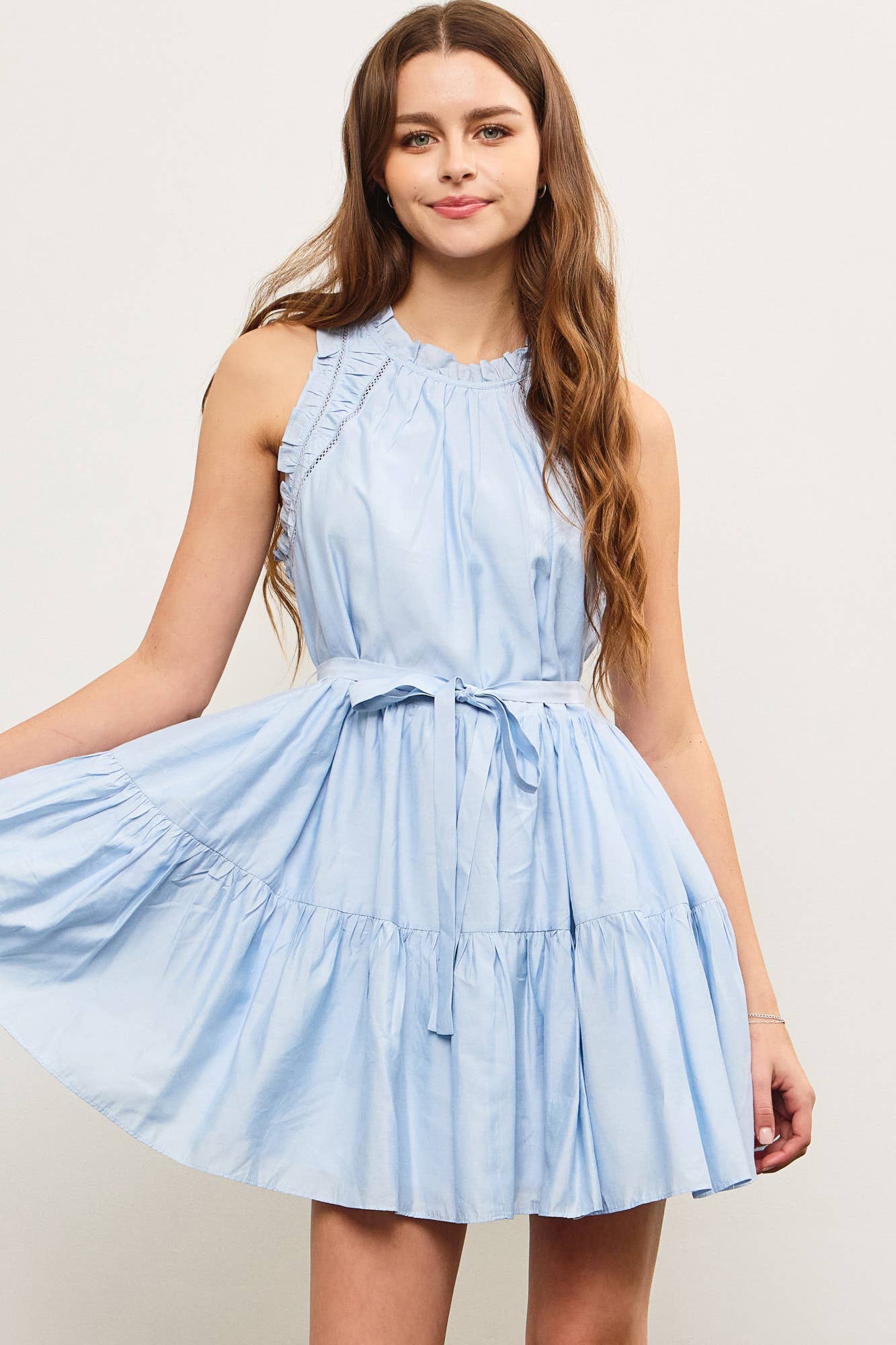 Ruffle Edge Shirred Sleeveless Dress