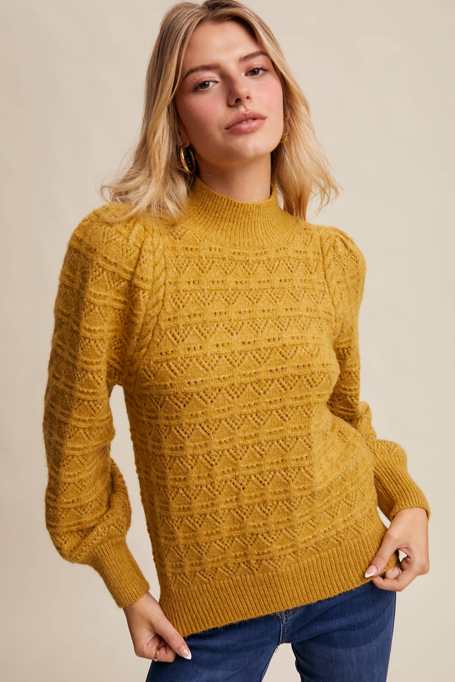 Pointelle Puff Sleeve Sweater in Lemon Grass
