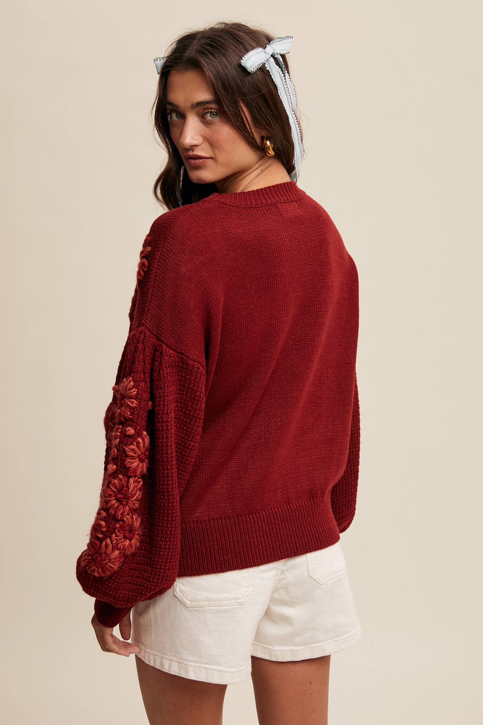 3D Floral Textured Knit Sweater in Crimson