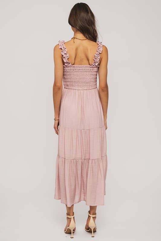 Romantic Smocked Bodice Tiered Ruffle Strap Midi Sundress