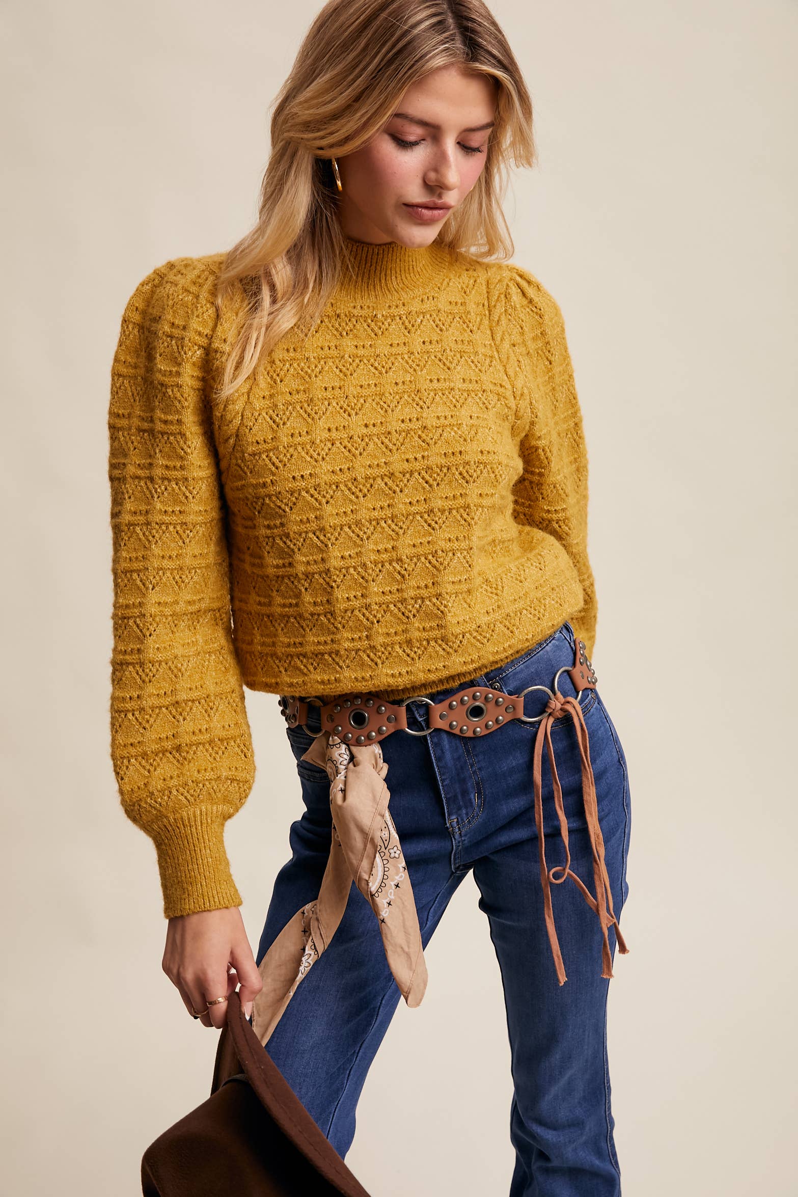 Pointelle Puff Sleeve Sweater in Lemon Grass