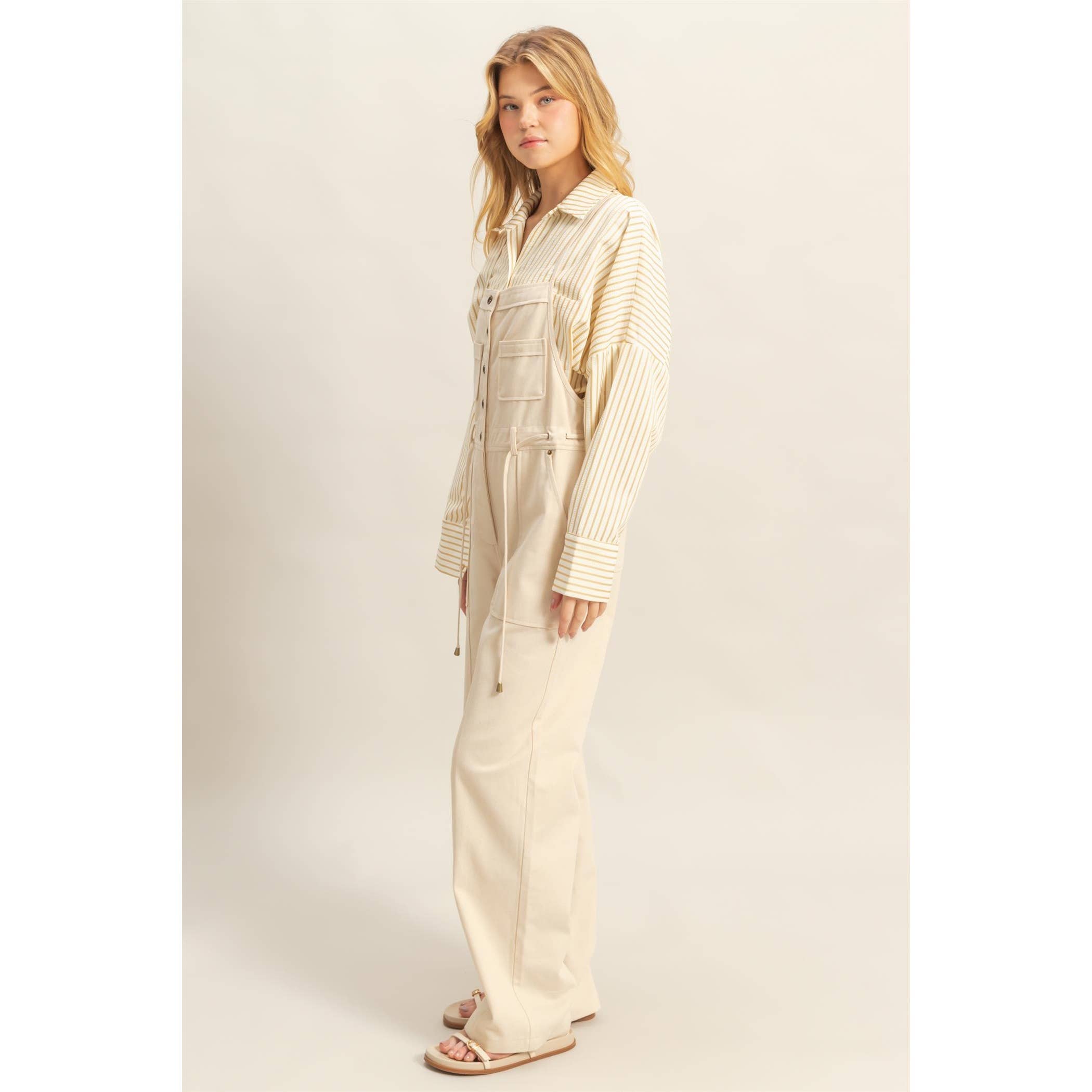 Front Button Washed Twill Overall in Oatmeal