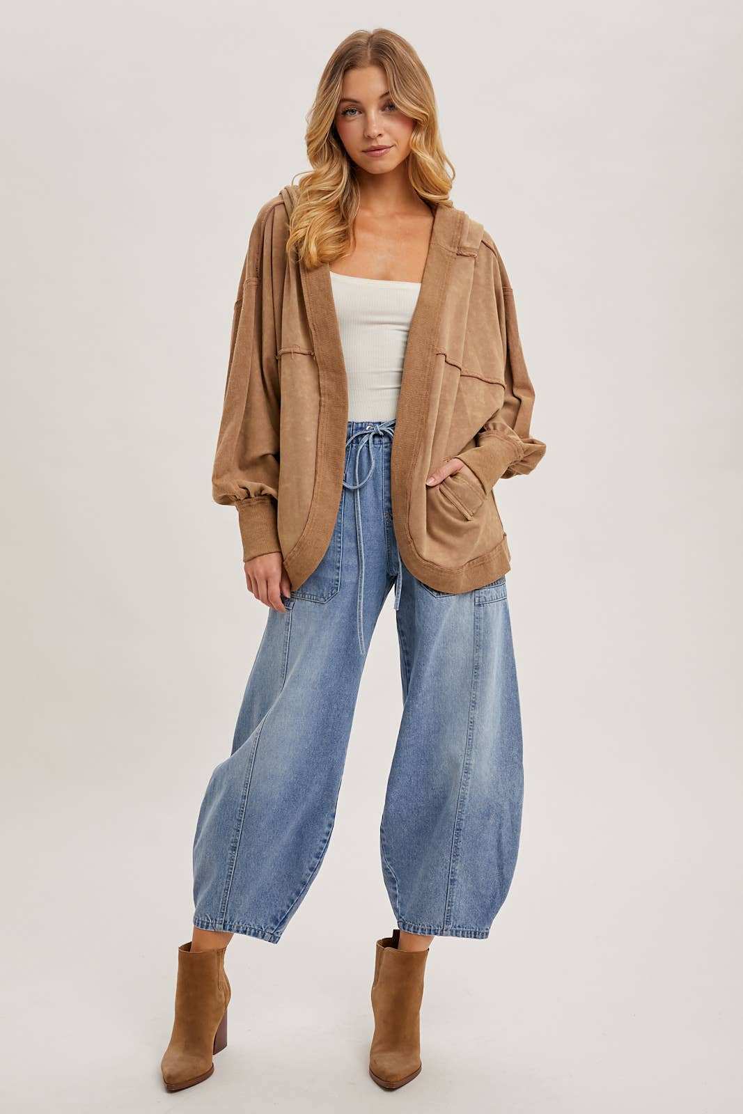 WASHED OPEN FRONT EXAGGERATED HOODIE CARDIGAN