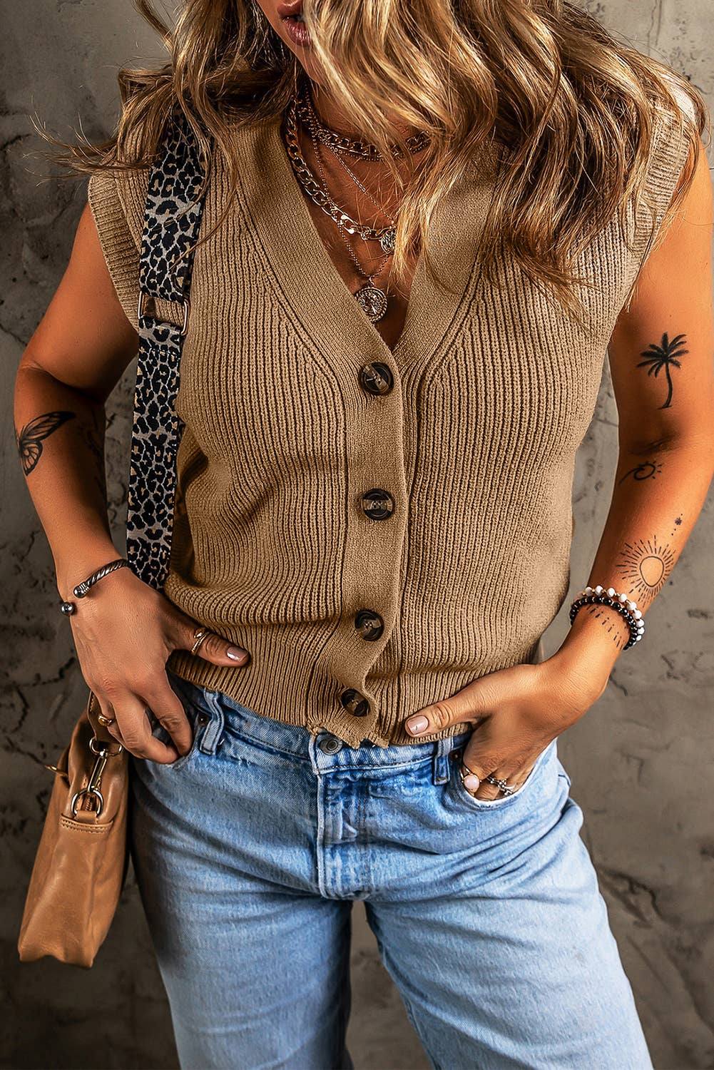 V Neck Buttoned Front Sweater Vest