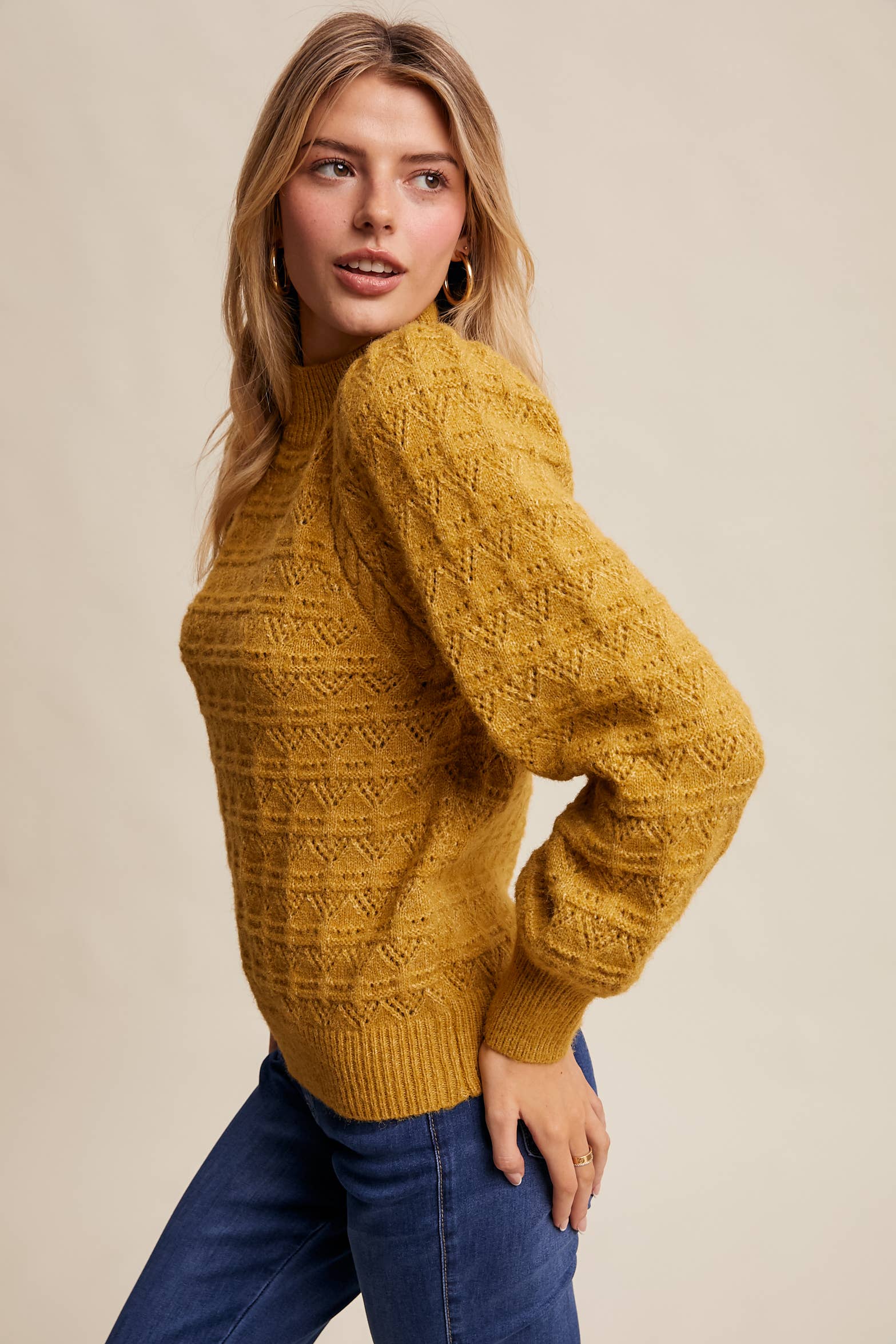 Pointelle Puff Sleeve Sweater in Lemon Grass