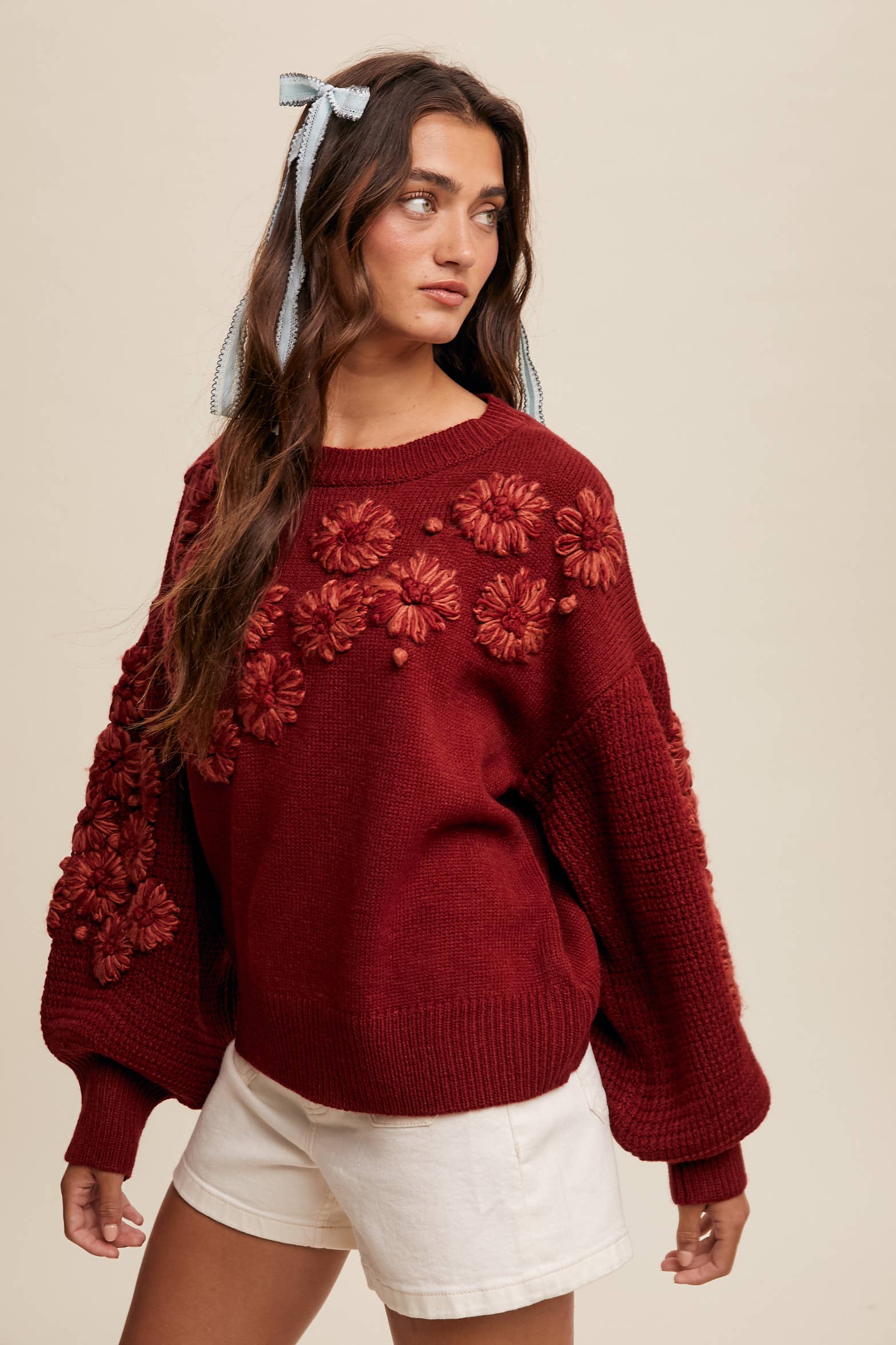 3D Floral Textured Knit Sweater in Crimson