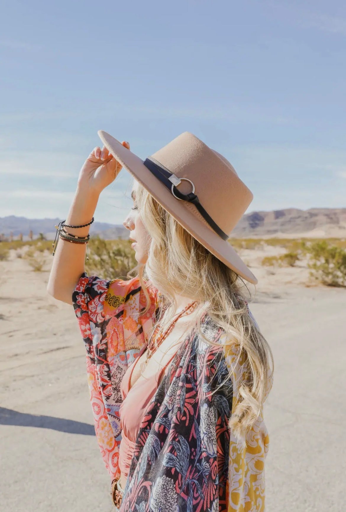 Classic Bowlero Hat with Gold Ring Buckle in Tan