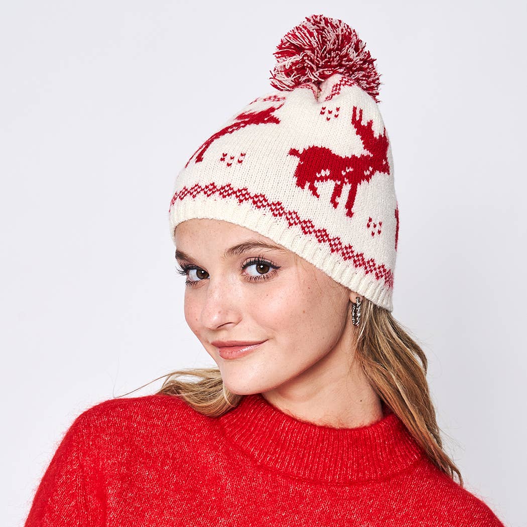 Nordic Reindeer Patterned Beanie with Pom