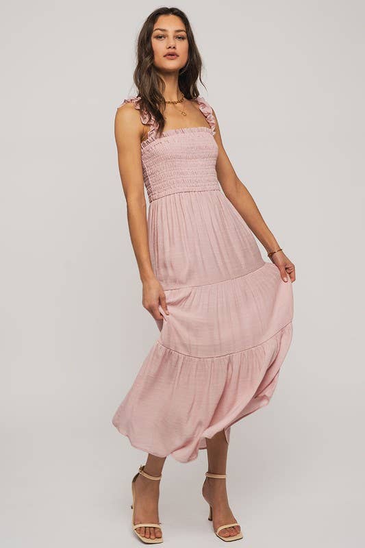 Romantic Smocked Bodice Tiered Ruffle Strap Midi Sundress