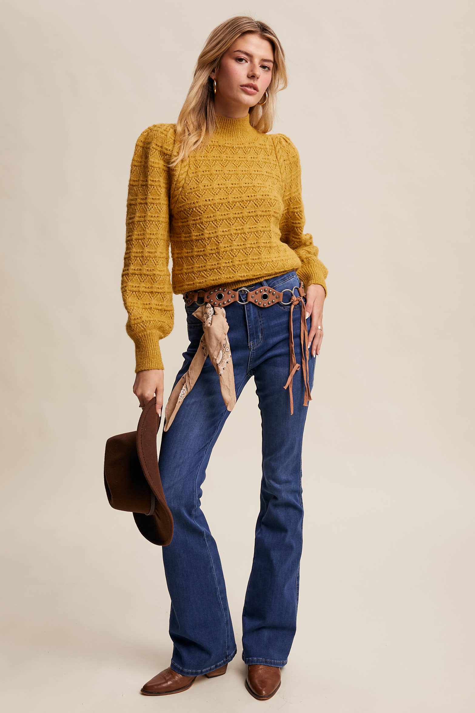 Pointelle Puff Sleeve Sweater in Lemon Grass