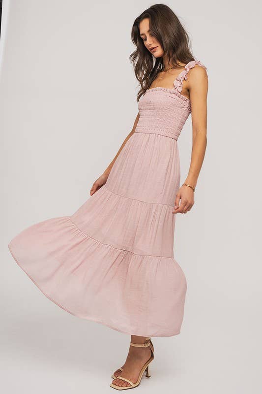 Romantic Smocked Bodice Tiered Ruffle Strap Midi Sundress