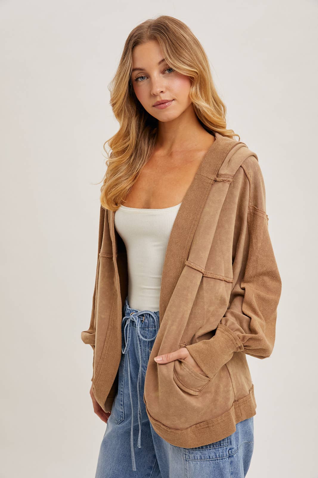 WASHED OPEN FRONT EXAGGERATED HOODIE CARDIGAN