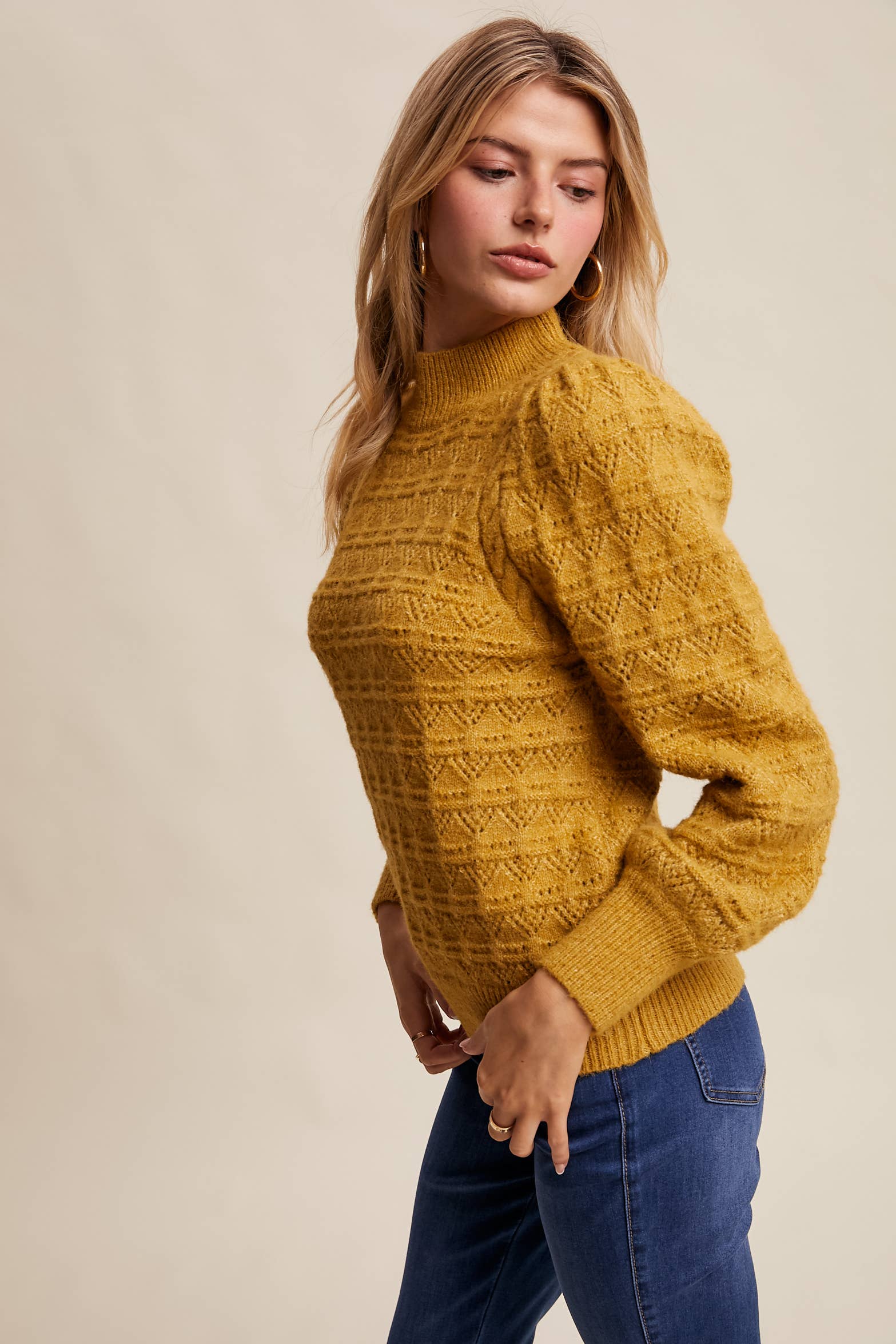 Pointelle Puff Sleeve Sweater in Lemon Grass
