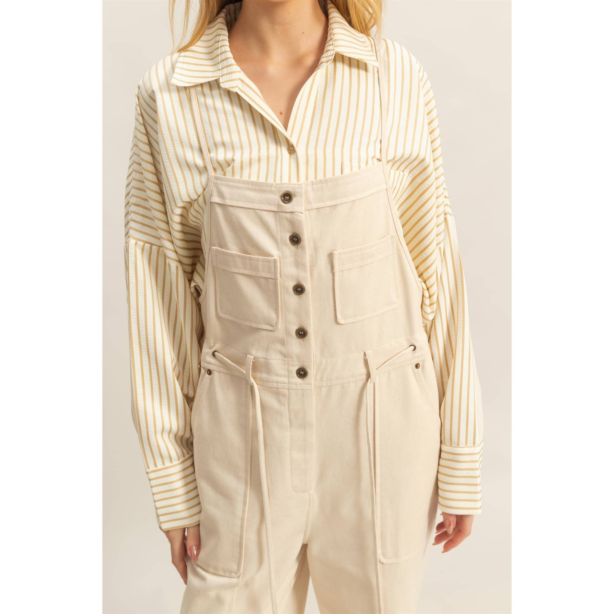 Front Button Washed Twill Overall in Oatmeal