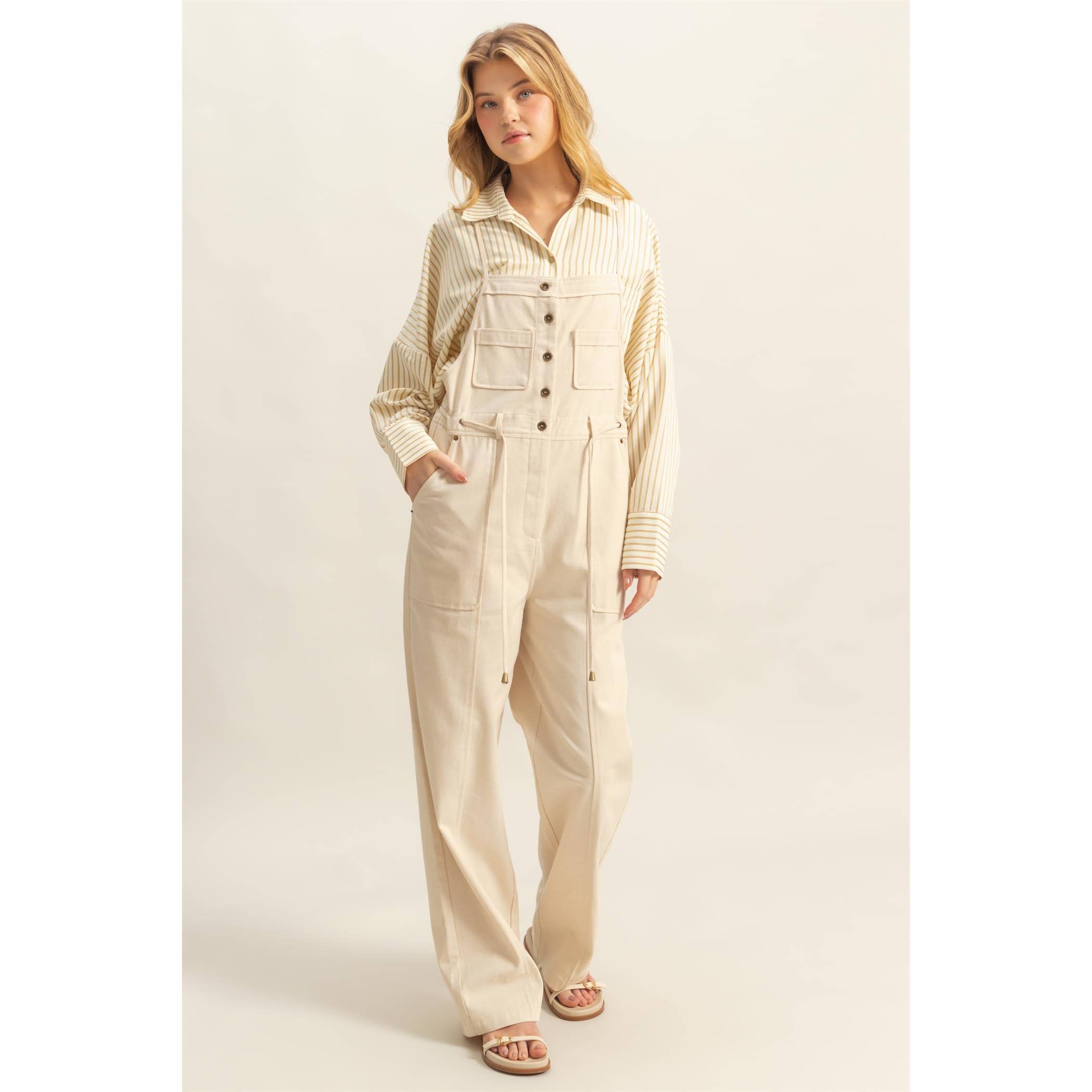 Front Button Washed Twill Overall in Oatmeal