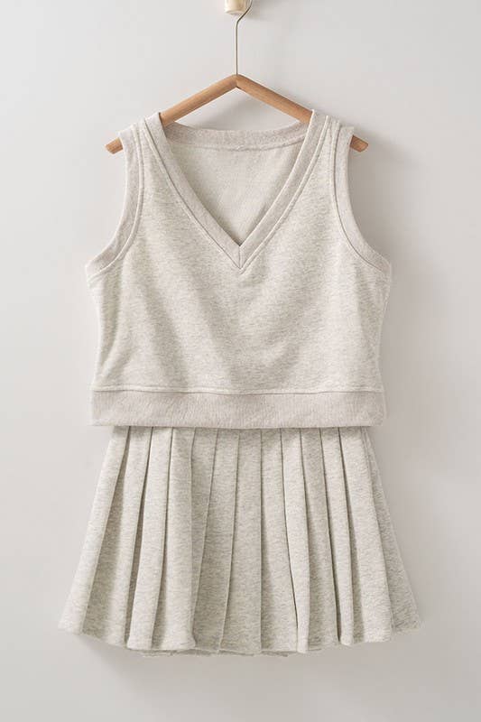 Preppy V Neck French Terry Pleated Tennis Club Set