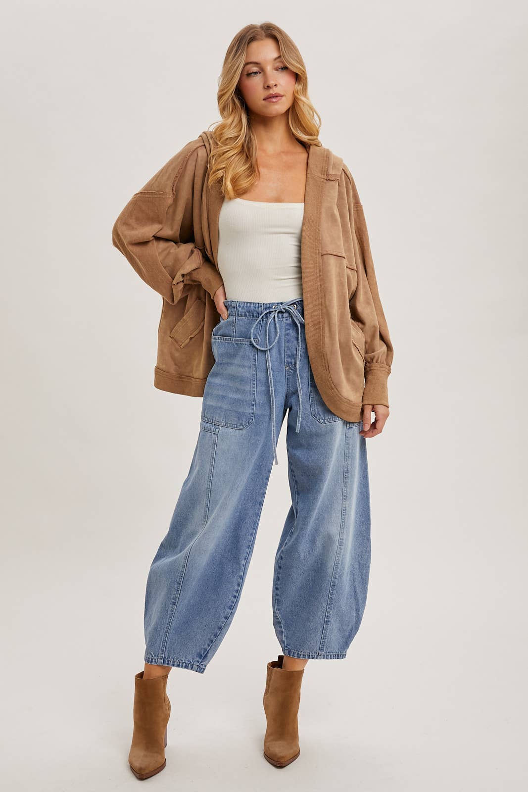 WASHED OPEN FRONT EXAGGERATED HOODIE CARDIGAN