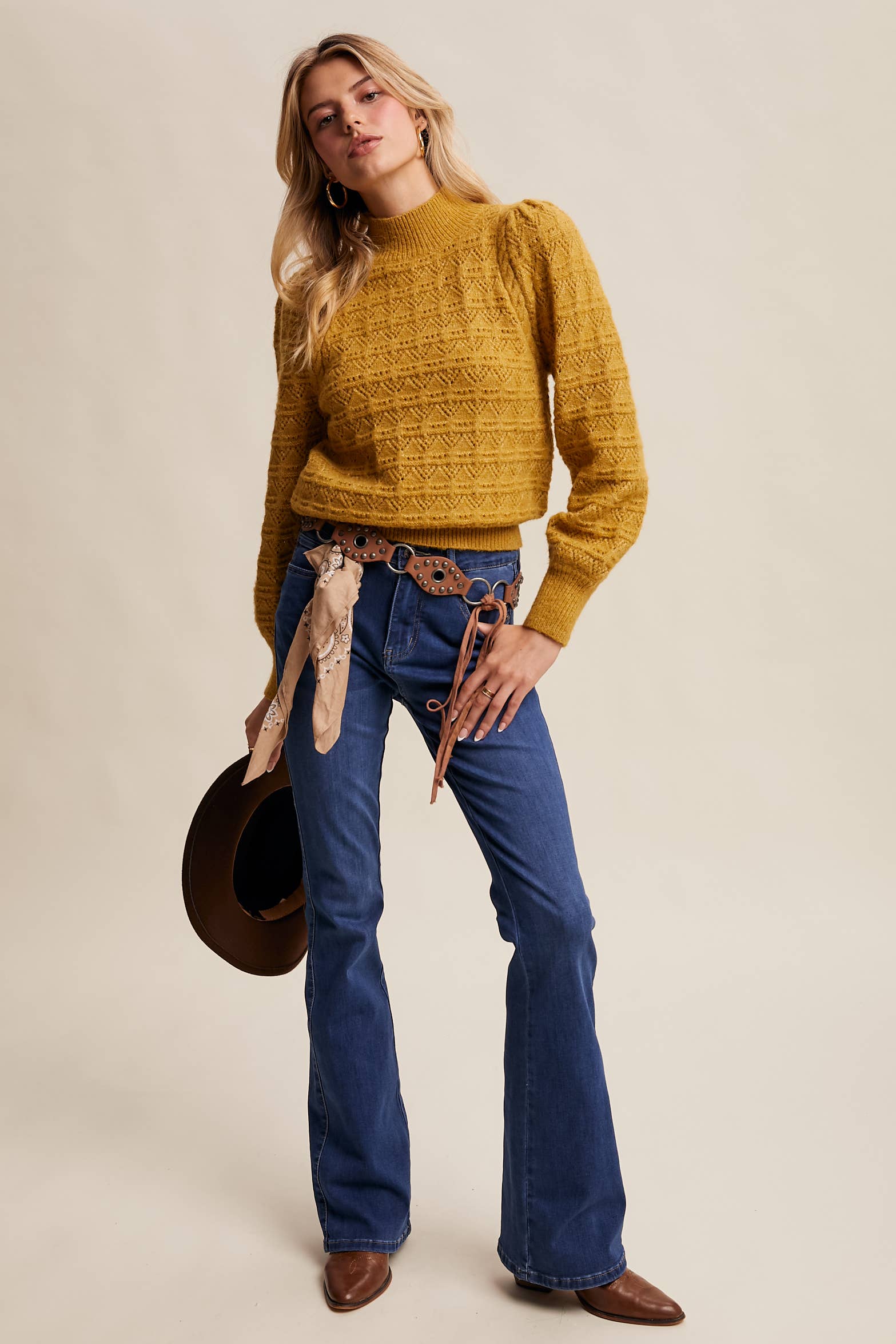 Pointelle Puff Sleeve Sweater in Lemon Grass