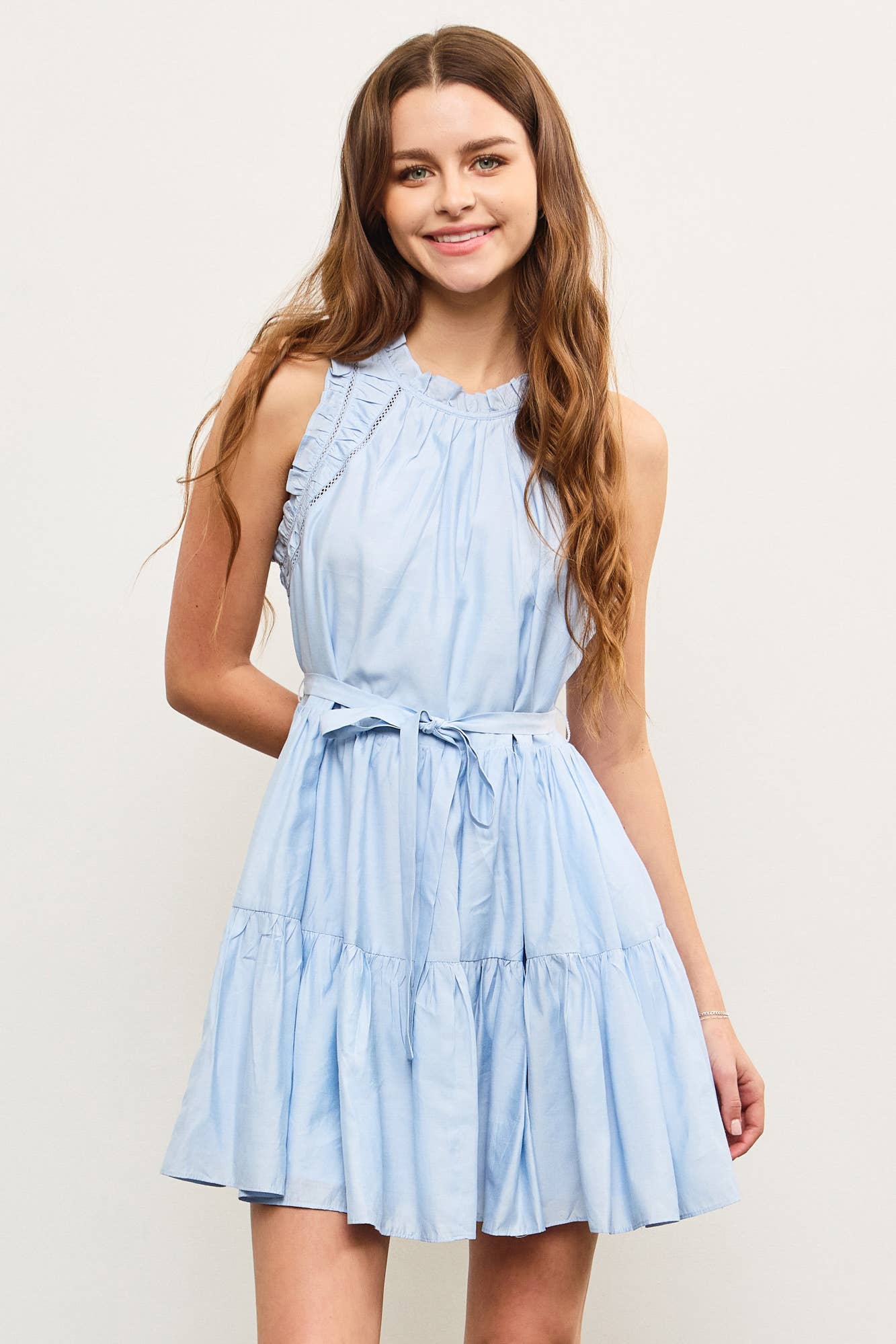 Ruffle Edge Shirred Sleeveless Dress